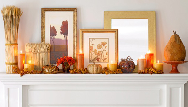 Fall season decorations on a fireplace mantle