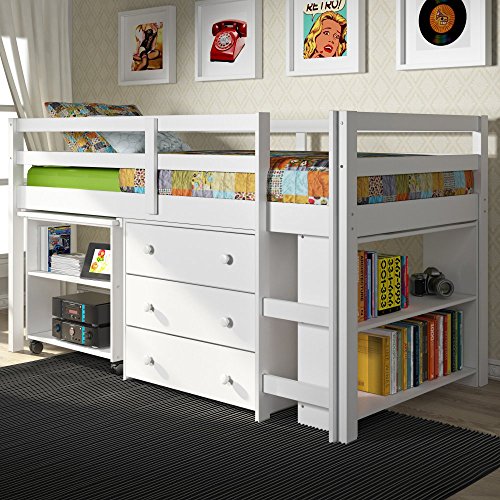 a loft bed with a dresser underneath
