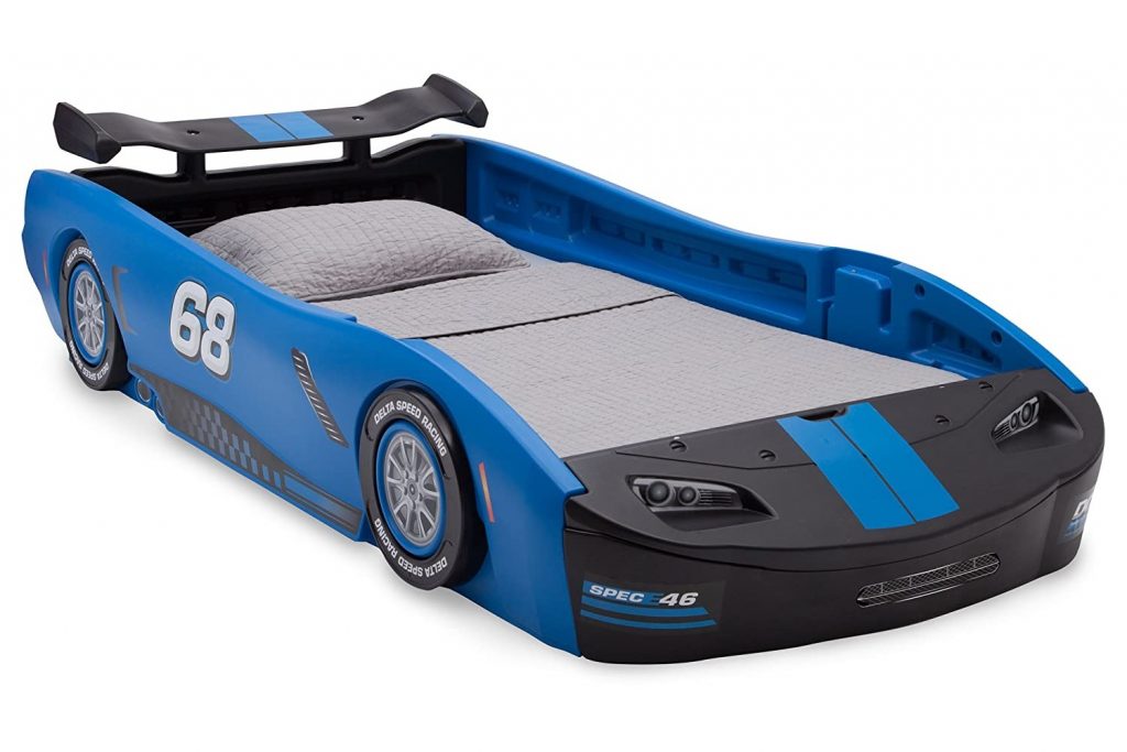 a blue race car bed frame for young boys