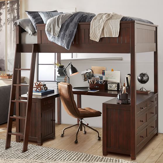 a loft bed with an office desk and chair underneath