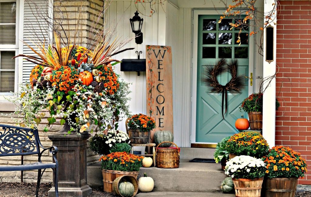 autumn decorations on a porch