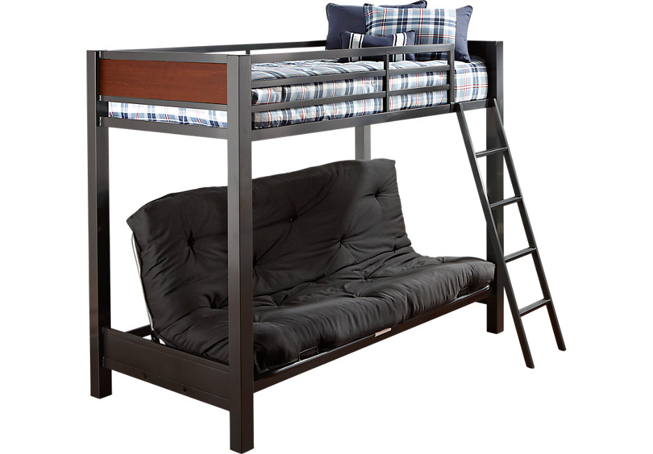 a loft bed with a couch underneath