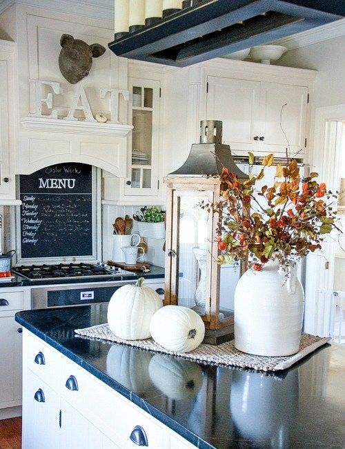 fall decorations on a kitchen island