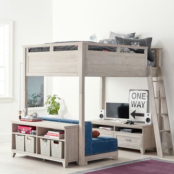 a light colored loft bed with a tv stand underneath