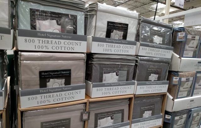 a store display featuring 800 thread count sheet sets