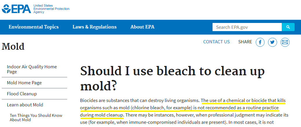 excerpt from Environmental Protection Agency about using bleach to clean up mold