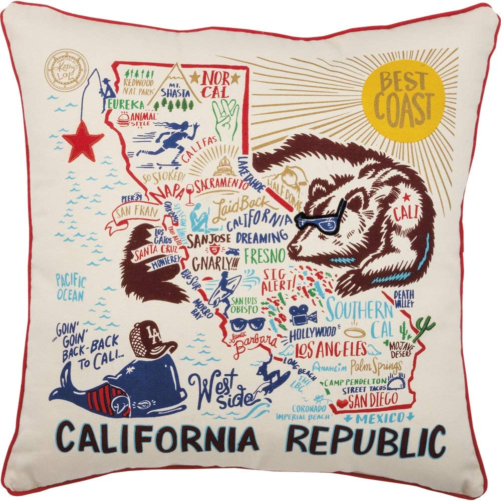 a California themed decorative pillow with state landmarks