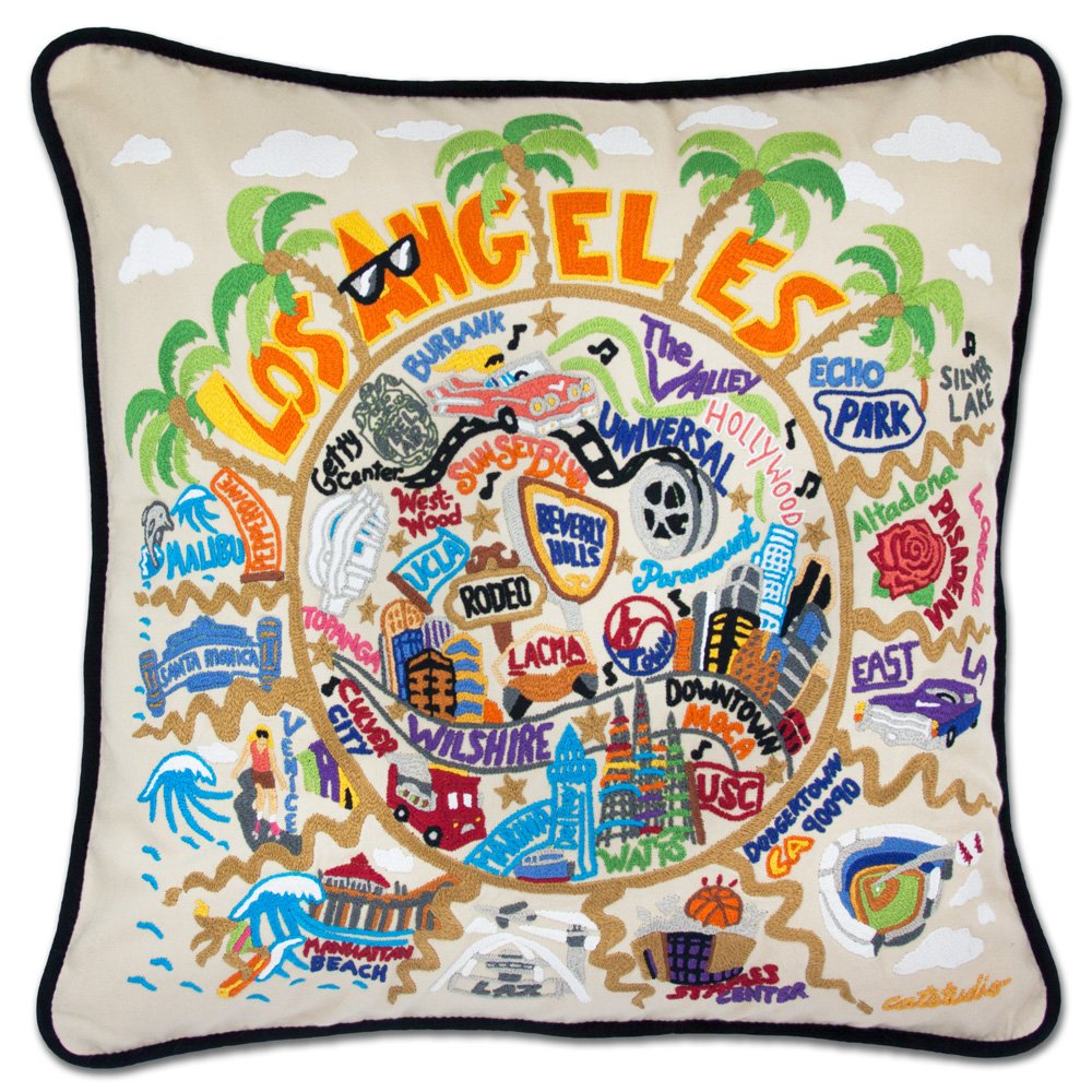 a Los Angeles pillow with landmark decorations