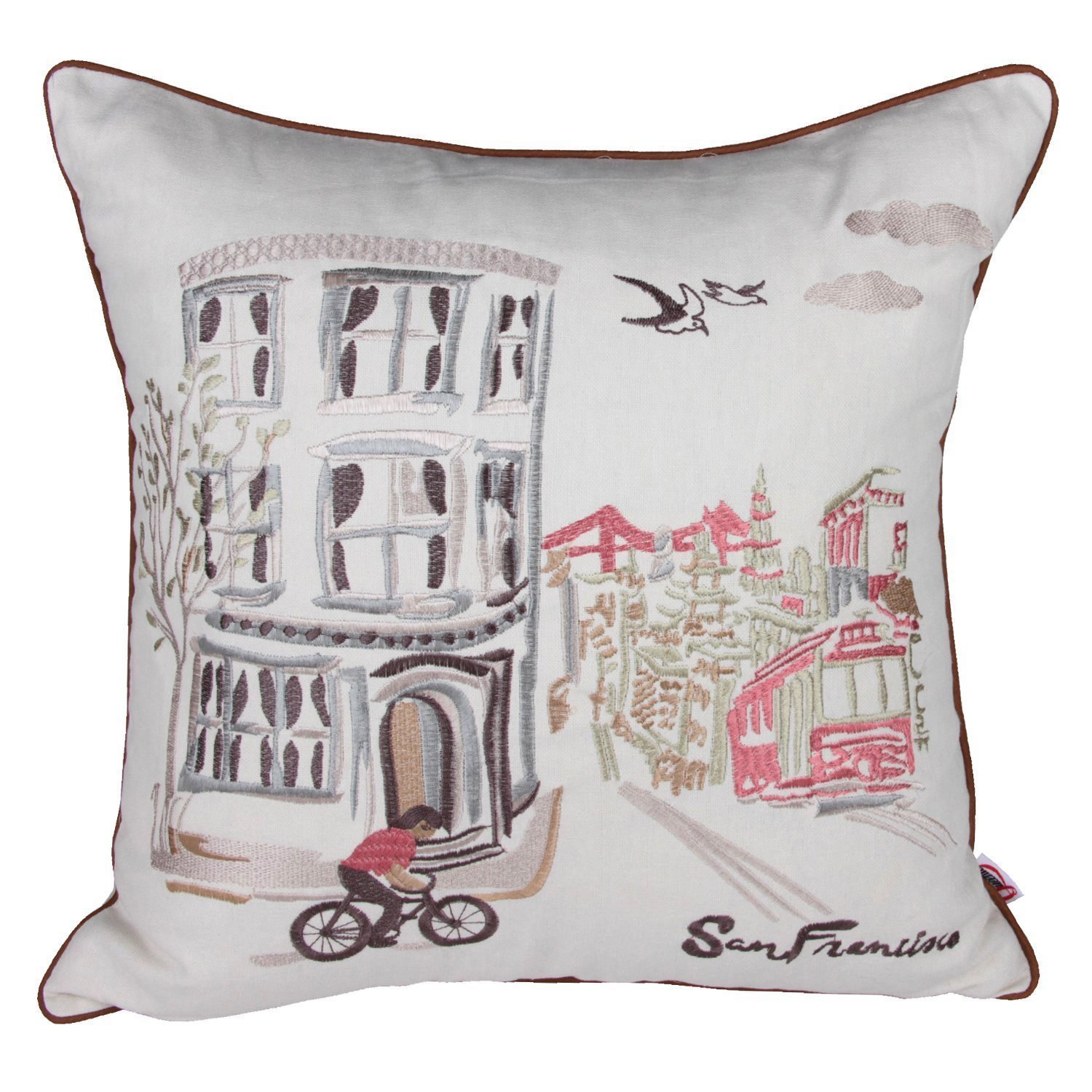 a decorative pillow featuring a San Francisco street scene