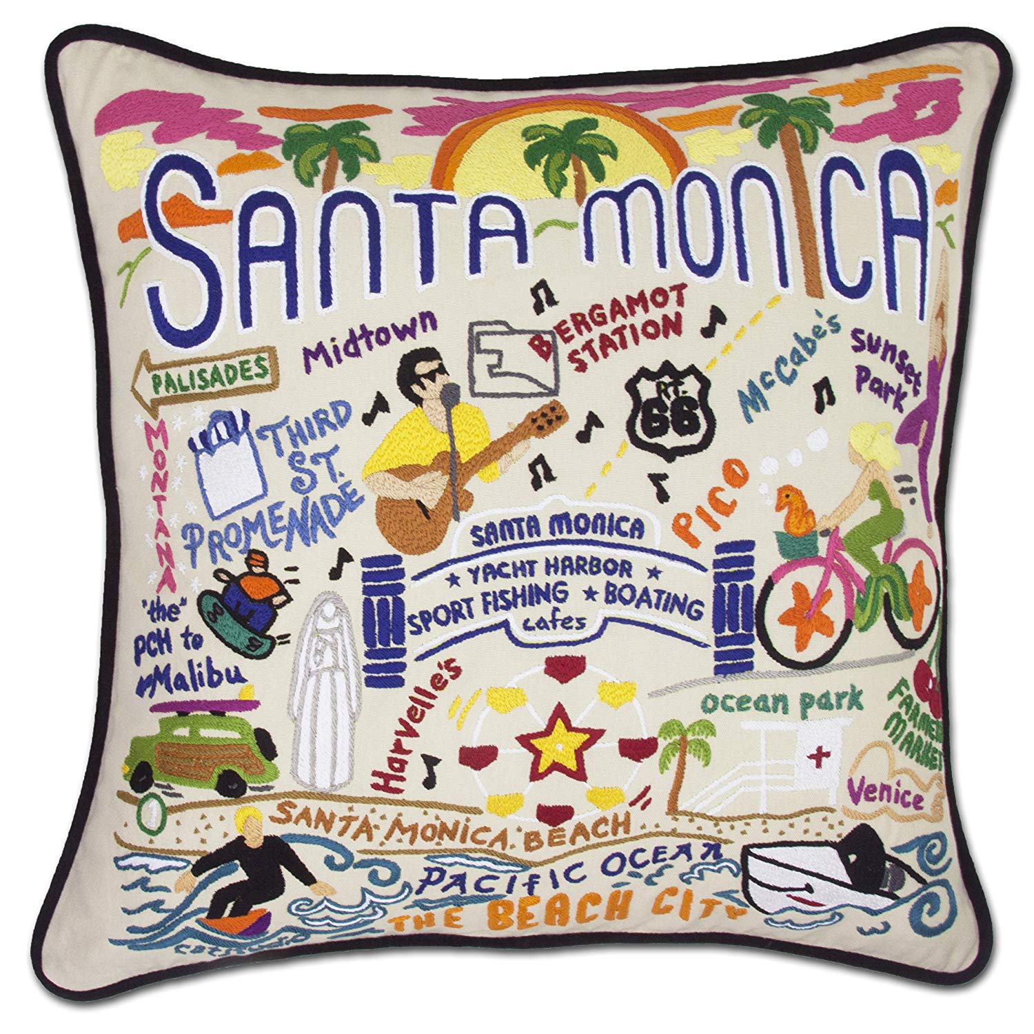 a pillow with Santa Monica themed decorations
