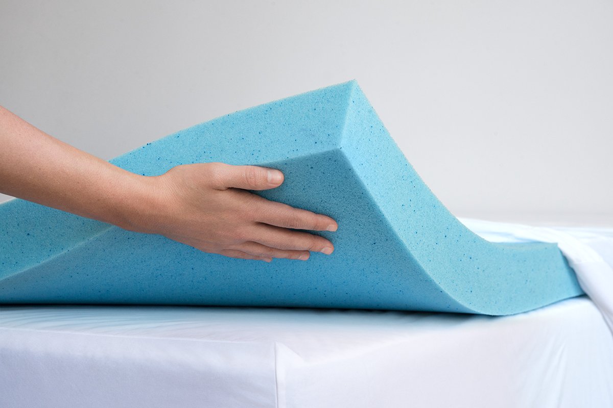 a woman lifting the corner of a mattress topper