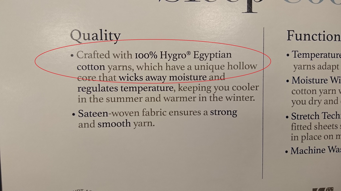 a sheet set package denoting the type of cotton used