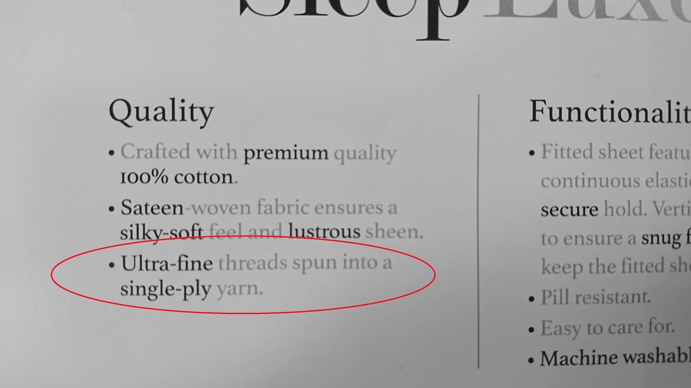 a package of sheets labeled as single-ply yarn