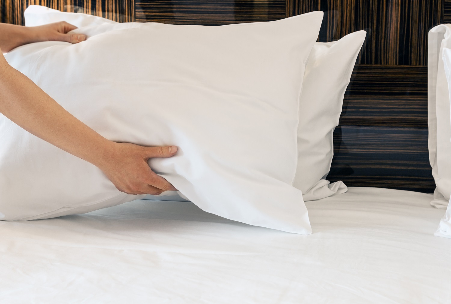 a person fluffing a bed pillow