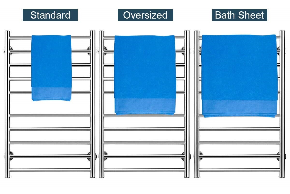 a comparison of standard and oversized towels, and bath sheets on a heated towel rack