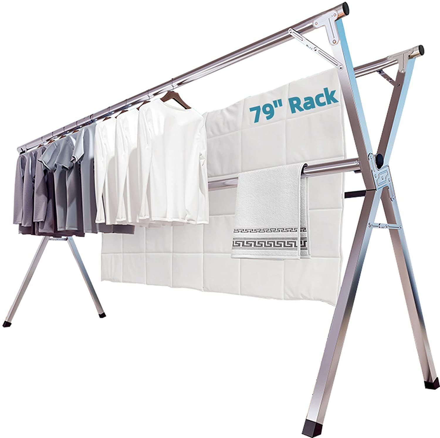 a large drying rack with clothing and bedding hung from the rails
