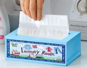 a container of dryer sheets for laundry