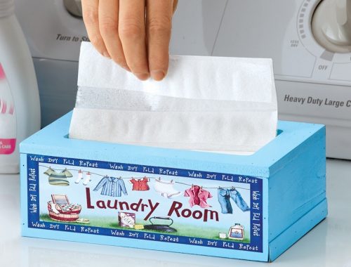 a container of dryer sheets for laundry
