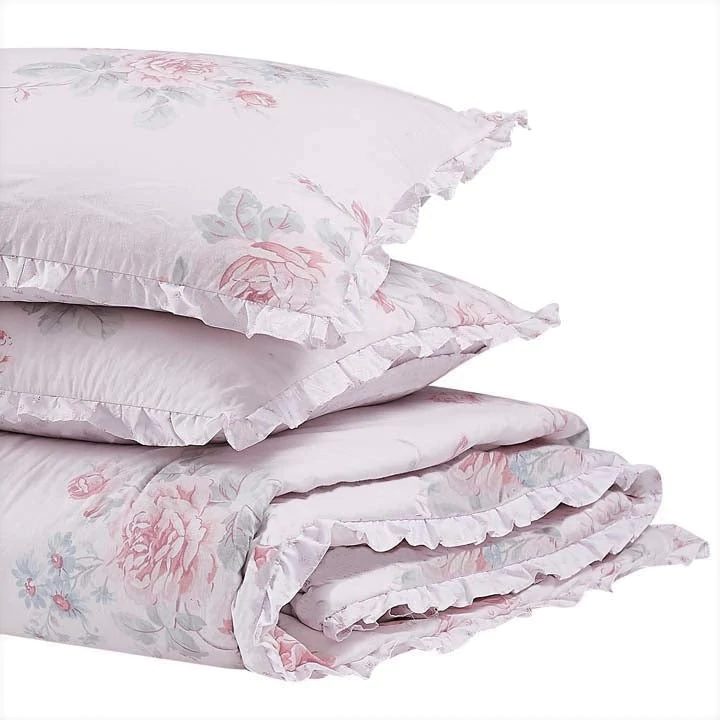 the pillow shams and comforter of a Shabby Chic Misty Rose set
