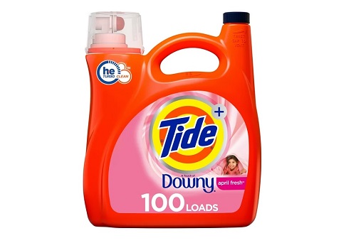 a container of Tide + Downy April Fresh laundry detergent