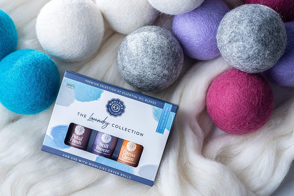 a set of wool dryer balls and a set of Woolzies essential oils